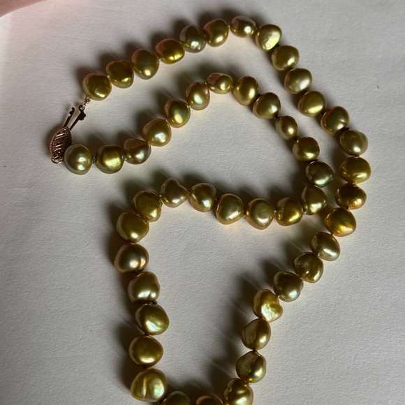 Freshwater Green Pearl Necklace with 14k Yellow Gold Clasp 17”